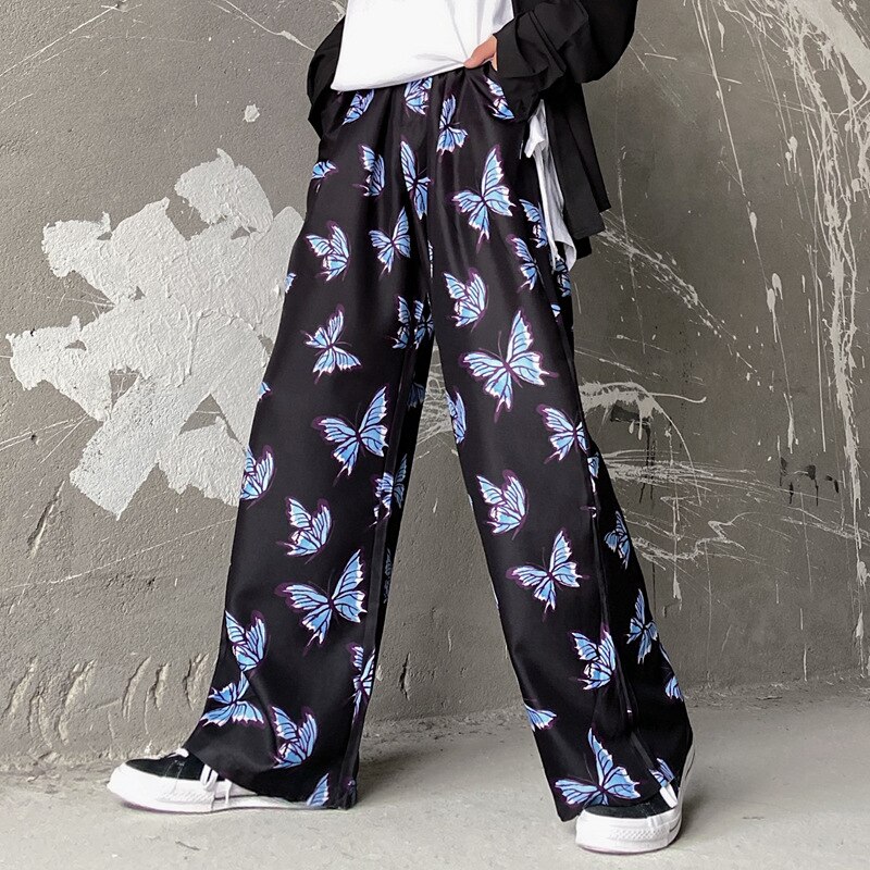 Hip Hop Streetwear Baggy sarouel automne ample papillon imprimé pantalons de survêtement Harajuku coton Joggers hommes pantalon: Blue butterfly / M