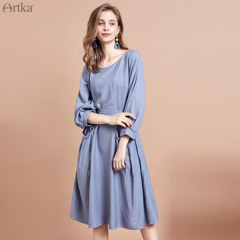 Artka Herfst Vrouwen Jurk Vintage Effen Kleur Lang Grandado