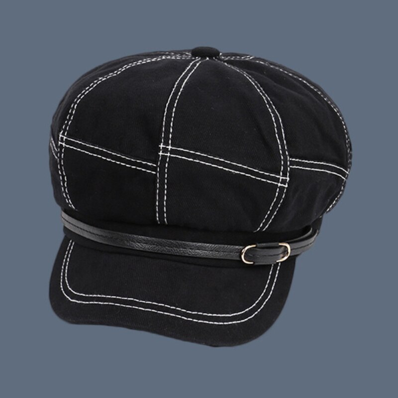 HT3319 Women Berets Spring Autumn Women Hat Retro Leather Belt Octagonal Newsboy Cap Ladies Solid Plain Artist Painter Beret Hat