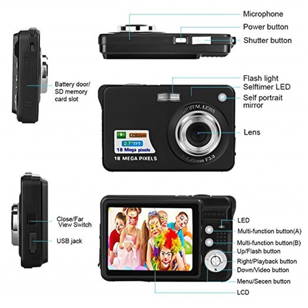 Minicámara portátil para niños, videocámara de 2,7 pulgadas, 720P, 18MP, 8x, Zoom, TFT, LCD, HD, videocámara Digital, DV, foto antivibración,