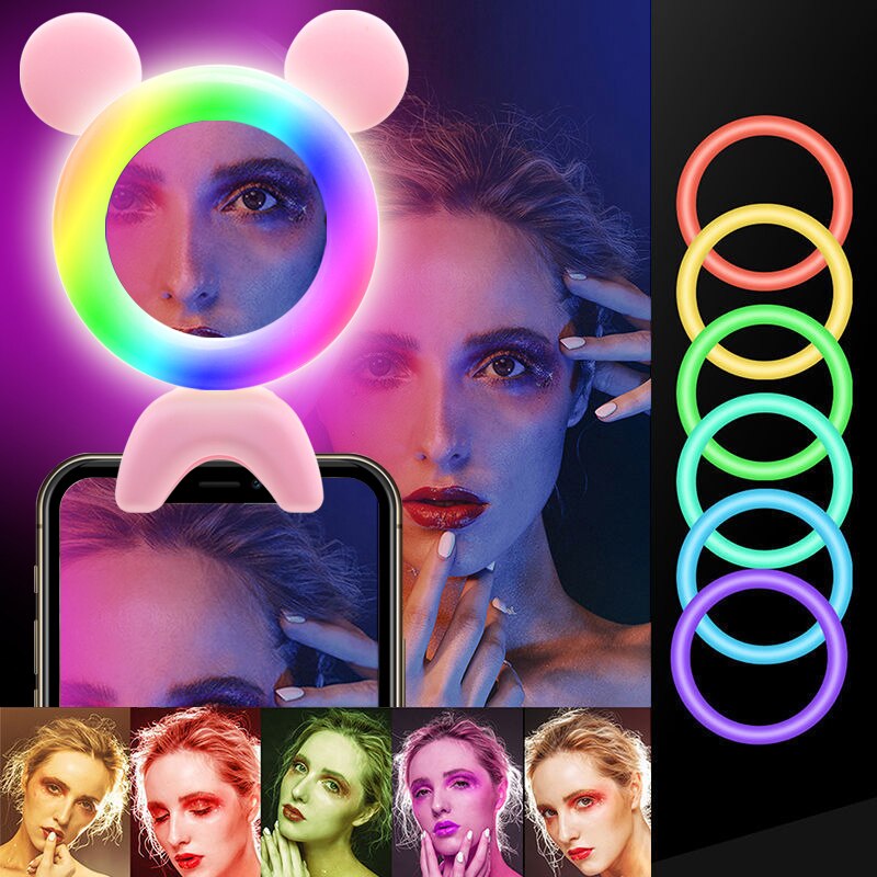Flash per telefoni cellulari RGB LED Selfie Ring Light 3 livelli di luminosità rotante Clip-on Fill Light Lamp per Smartphone Selfie Lights