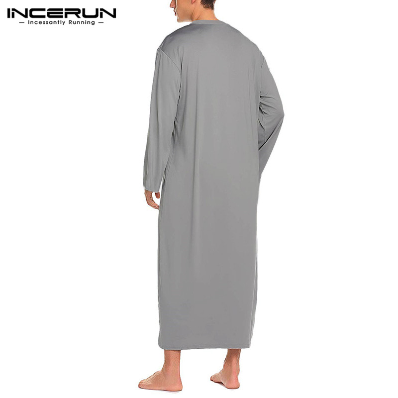 Incerun menn robes langermet pyjamas ensfarget fritid komfortabelt hjemmetøy o hals badekåper herre kaftan nattøy robes