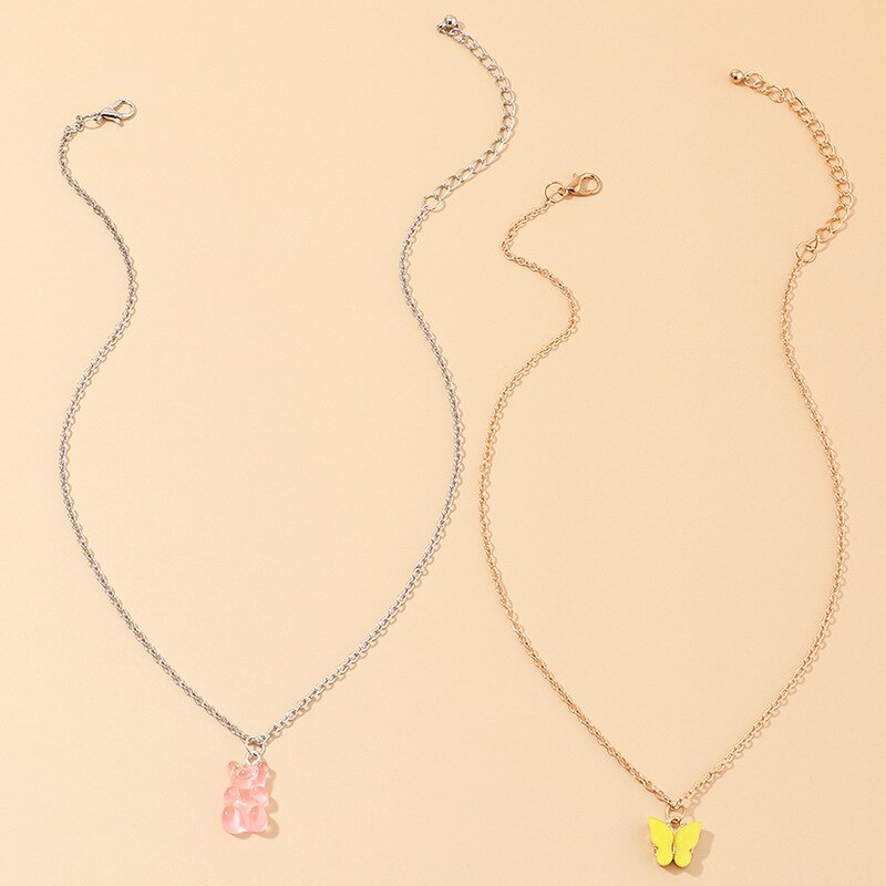 Leuke 2 Stks/set Roze Gummy Bear Gele Vlinder Hanger Ketting Set Voor Vrouwen Meisjes Mode Gouden Hanger Kettingen Collier