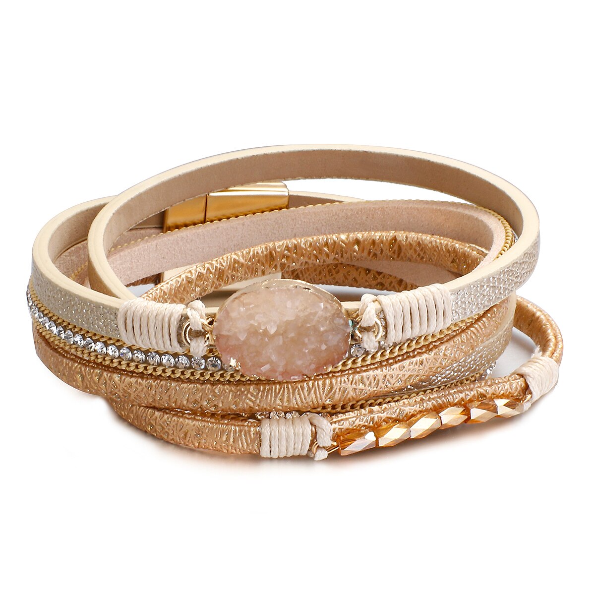 Allyes Lange Hars Lederen Armbanden Voor Vrouwen Boho Rhinestone Charm Magnetische Gesp Gevlochten Wrap Armband Sieraden: Khaki