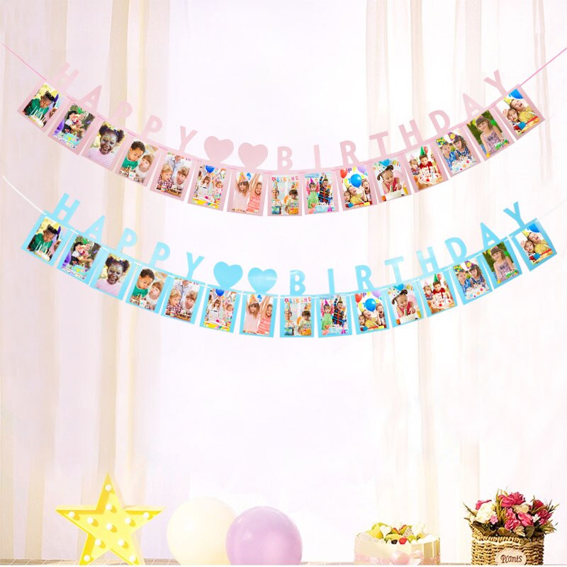1set 12 marco de fotos de meses Banner primeros banderines con de feliz cumpleaños decoraciones para Baby Shower guirnaldas de papel cabina de fotos suministros de