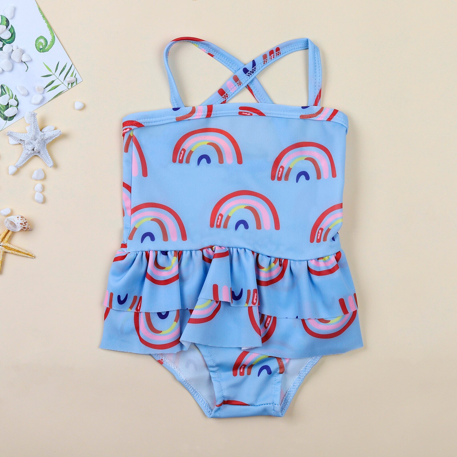 #50 Toddler Girls Swimsuit Kids One Piece Swimwear Cartoon Bikini Rainbow Beach Wear Baby Children Beach Bathing Suit Dress Girl: 24M