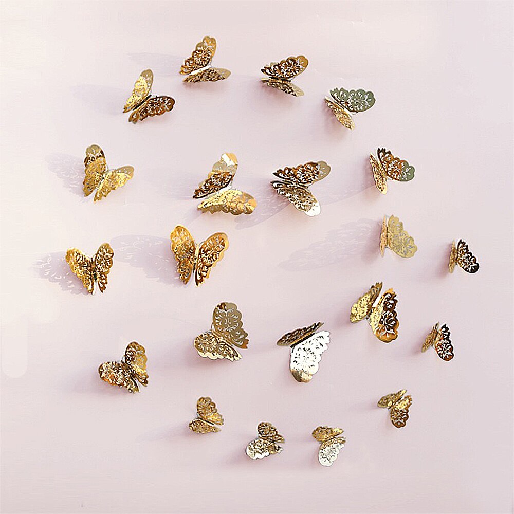 12 Uds calcomanía de mariposa 3D hueca para la decoración de la boda decoración de la sala de estar decoración de hogar para ventana pegatinas de mariposas doradas y plateadas