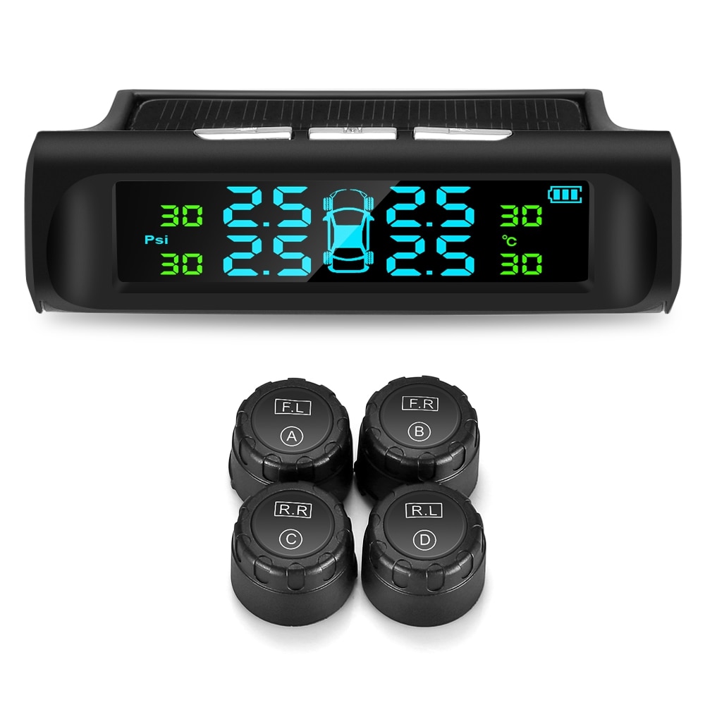 Solar Charging Car TPMS Tire Pressure Monitoring System HD Digital LCD Display Auto Alarms Wireless With 4 External Sensors TPMS