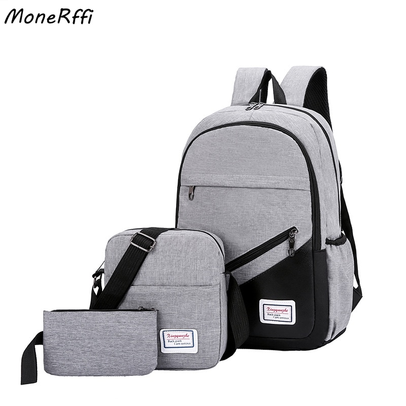 MoneRffi USB Lade Leinwand Rucksack 3 teile/satz Frauen Schule Rucksäcke Schulranzen Für Jugendliche Mann Student Buch Tasche Jungen Satchel