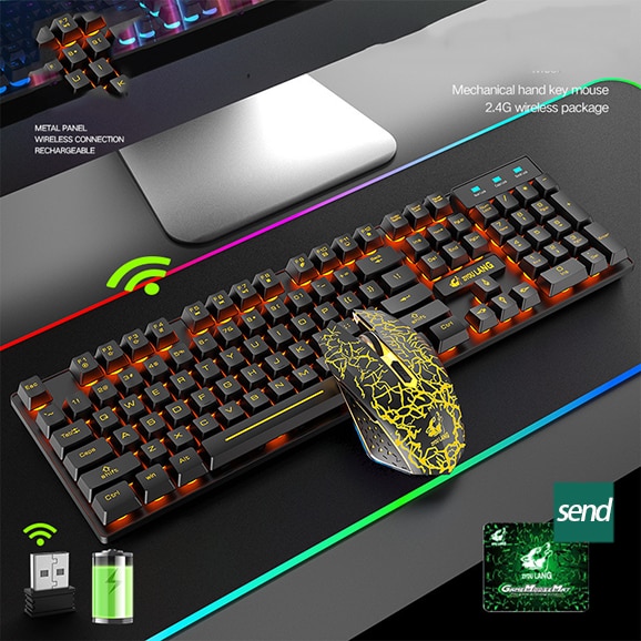 Teclado mecánico LED USB inalámbrico para juegos, Juegos de pc retroiluminado para razer, tableta, kit de teclados, PC mecánico: Orange light
