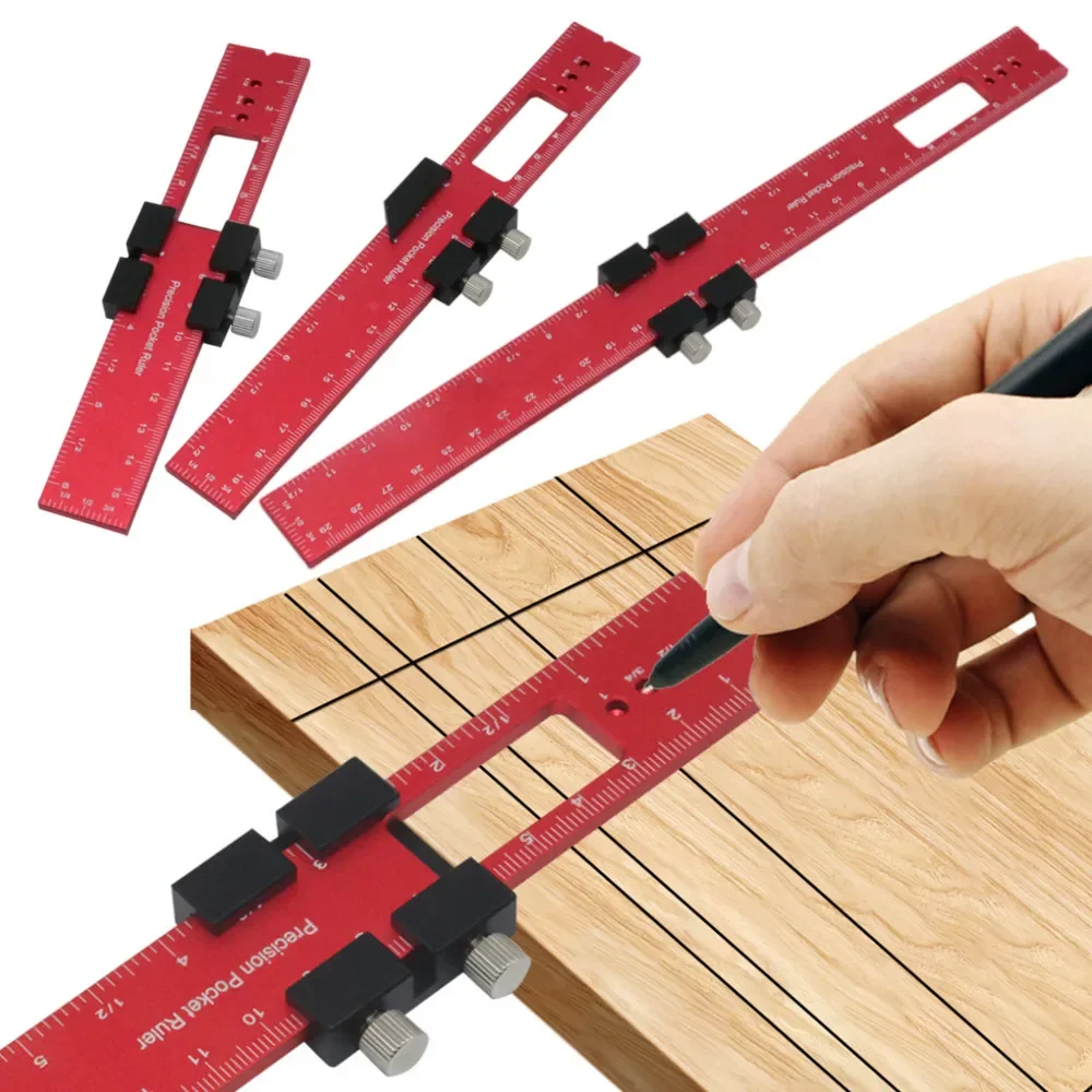 Houtbewerkingsgereedschap Liniaal-Pocket Liniaal Lay-Out Tool Aluminium Precisie Liniaal Met T-Track Metalen Schuifstops, Inch En Metrische Schaal
