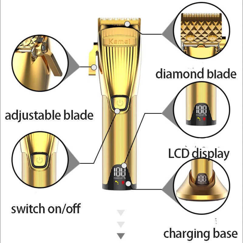Kemei led display pro hårklipper alt metal kropshårskærer elektrisk diamantklinge trimmer med 8 farvekodede skærevejledninger