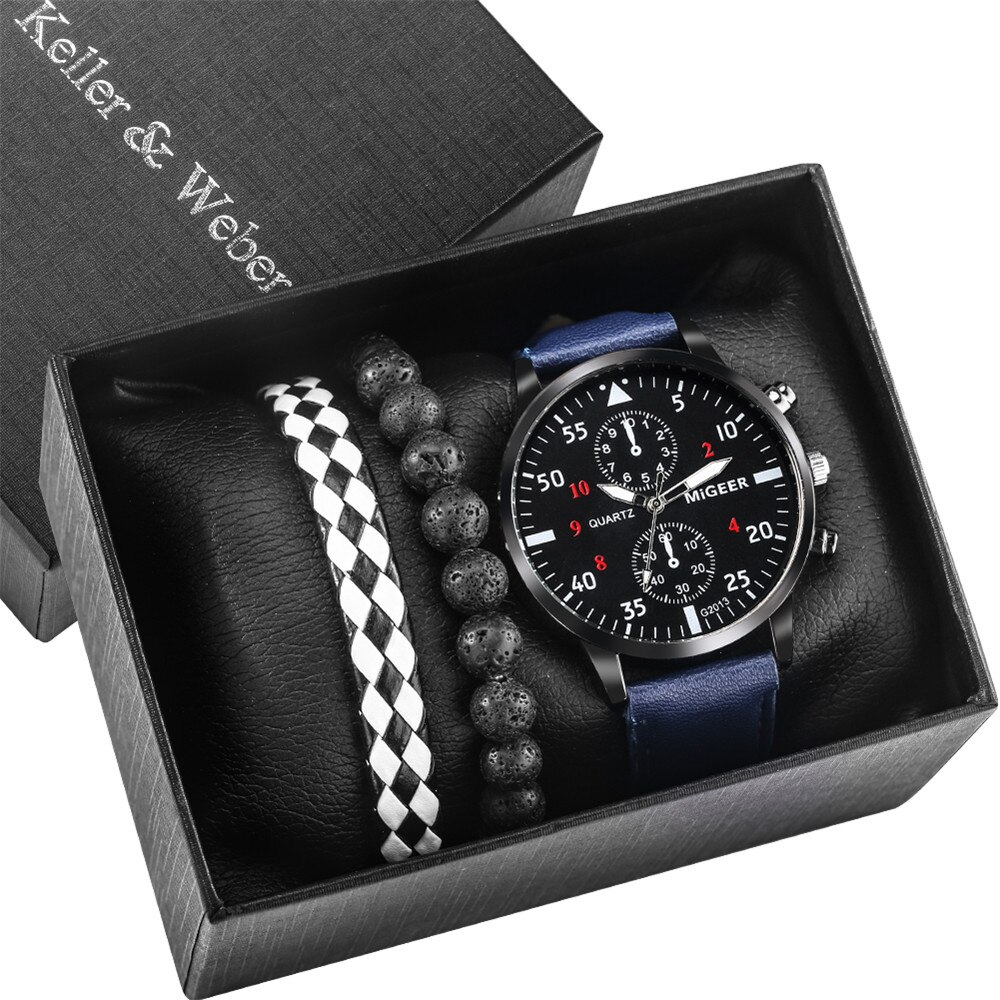 Reloj de pulsera de cuero de cuarzo para hombre y mujer, Set de 3 piezas con caja de , pulseras de , de cumpleaños para Hijo/marido/amigos: Watch Gift Set 034