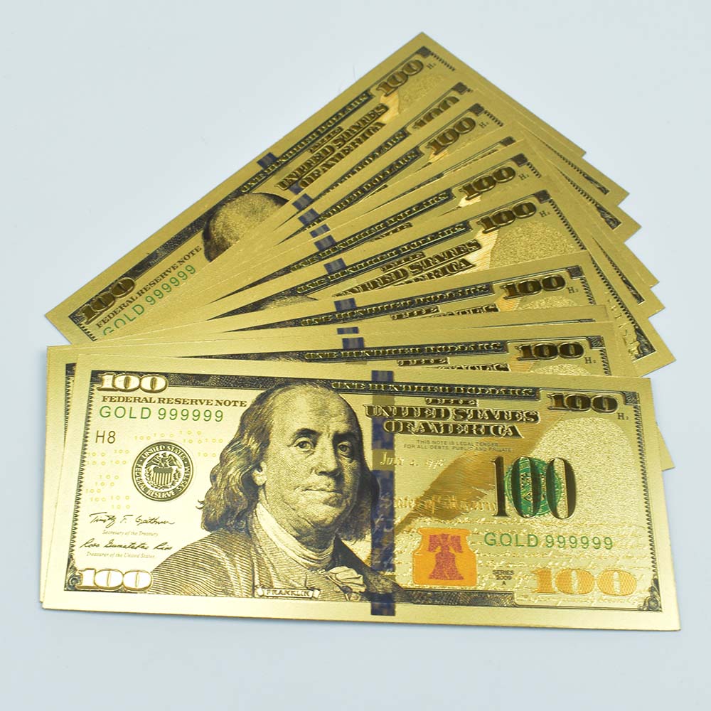 Billetes de papel de aluminio dorado con 100 dólares, billetes falsos para colección, con 100 dólares de América, 10 Uds.