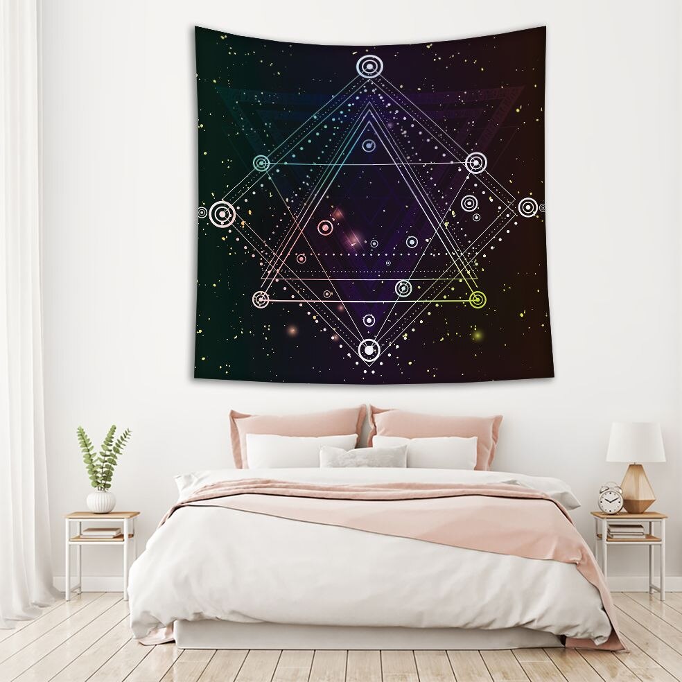 Tapestry Hipster Mystic Heilige Driehoeken Cirkels Op Donkere Ruimte Sterrenhemel Boho Chic Art Zwart Wit Paars