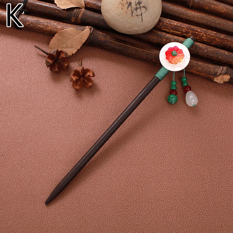 Paletas de madeira estilo chinês, bastão de cabelo artesanal, vintage, com flor, para mulheres, étnicas, acessórios para cabelo: K