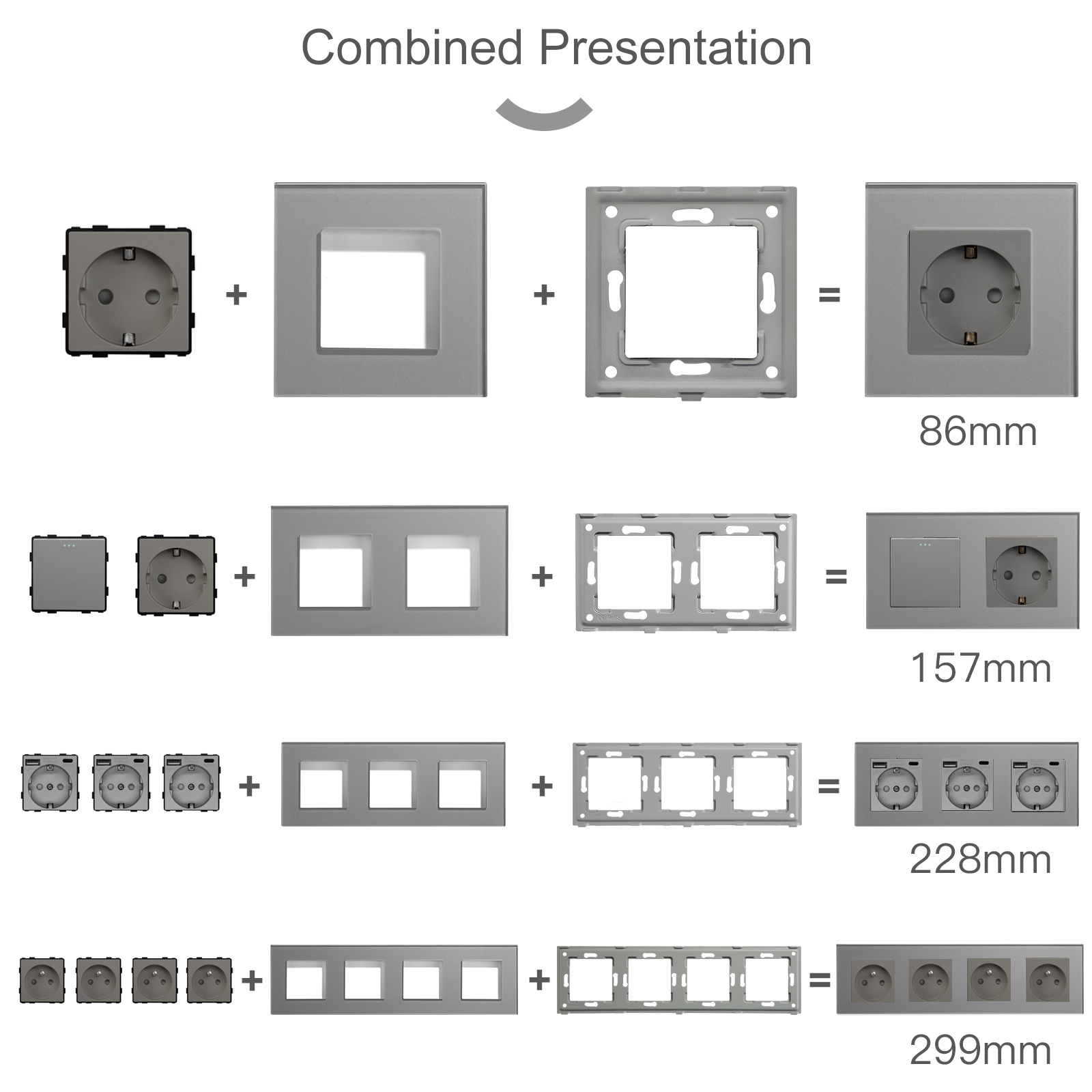 BSEED Mechanical Button Switches EU Socket TV ST CAT5 Double USB Sockets Function Parts Glass Socket Frames DIY Free Combination