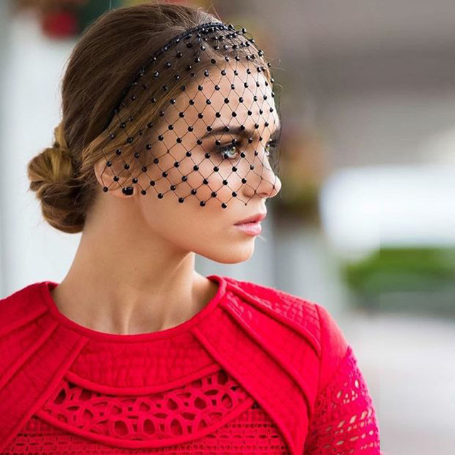 Hvidt pandebånd slør strass hårspænde til brude fuglebur ansigt netmaske hår tilbehør slør charmerende til bryllup fascinator: Stil -4 sort