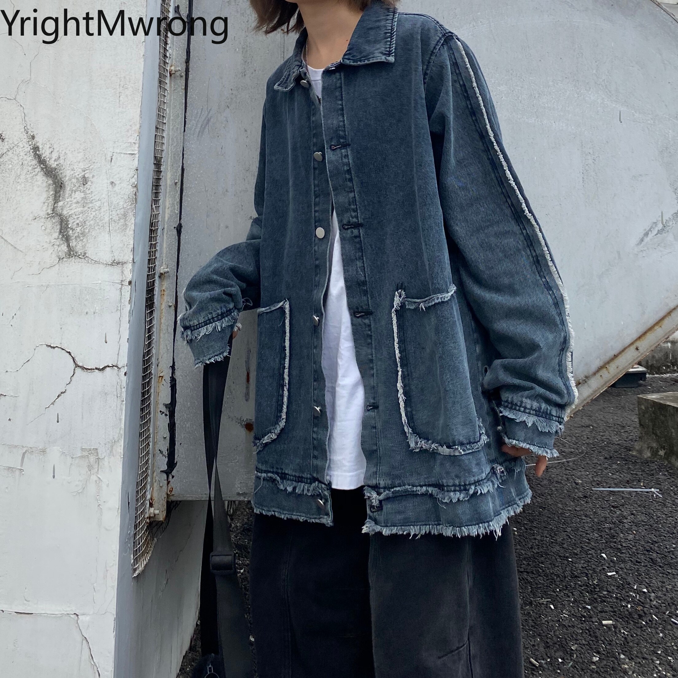 Streetwear Ripped Hip Hop Losse Denim Outfit Herfst Herfst Vrouw Man Jeans Windjack Chaqueta Pocket Button Shirt Blouse