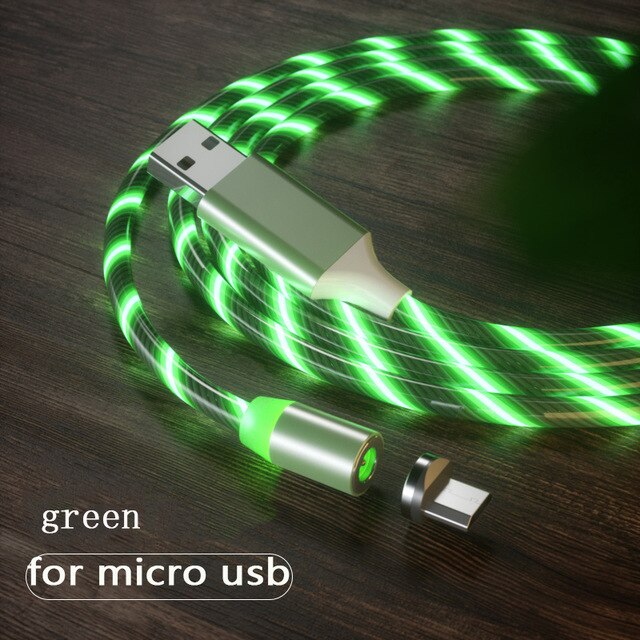 Magnetische Usb Charger Kabel Led Verlichting Stroomt Gloed Koord Type C/Micro Usb/8 Pin Voor Iphone 6 7 Android Telefoon Snelle Lichtgevende Draad: Green for Micro USB