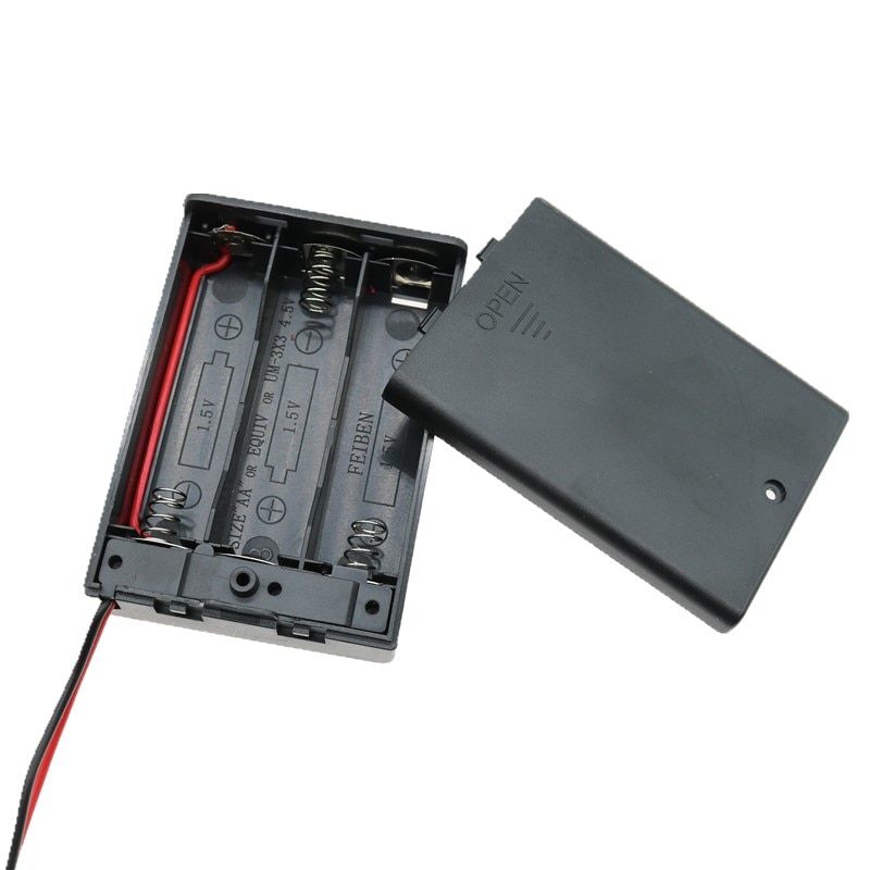 3 aa batteriholder kasse 4.5v med deksel og bryter dc 5.5*2.1 kontakt batteriholder