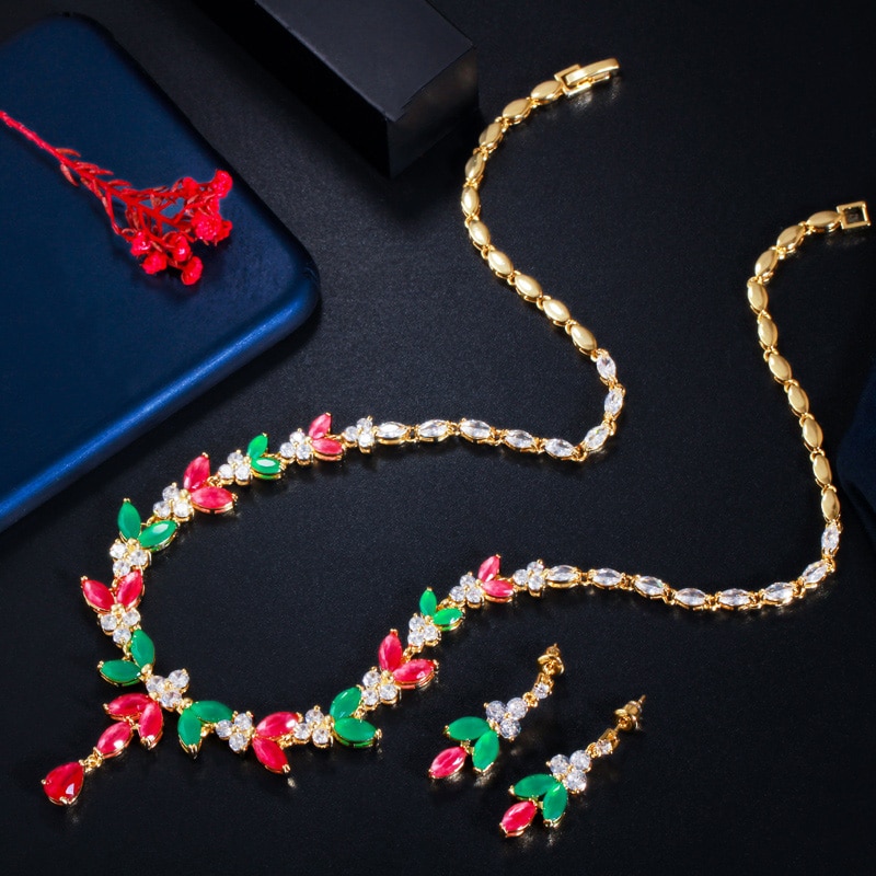 CWWZircons – ensemble de bijoux de mariage en pierre de zircone cubique, collier et boucles d&#39;oreilles, , africain, vert, rouge, T467