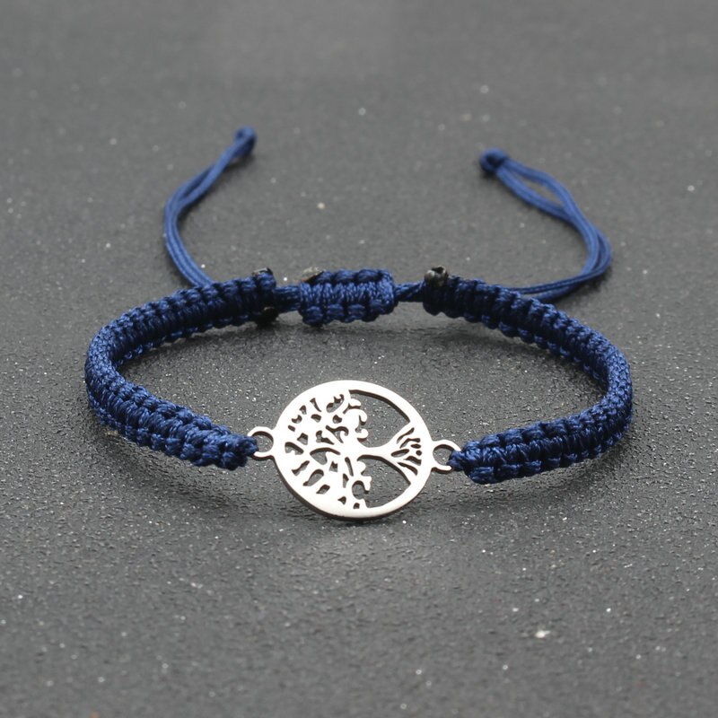 Pulsera de cuerda hecha a mano para hombre y mujer, brazalete de acero inoxidable con colgante de árbol de la vida, ajustable, para pareja: Navy