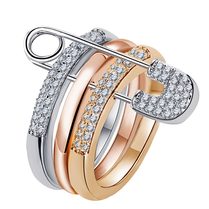 Gold Silver Finger Rings Set For Women With Pin AAA Cubic Zircon Rings Pave Setting Female Party Jewelry Anillos Mujer