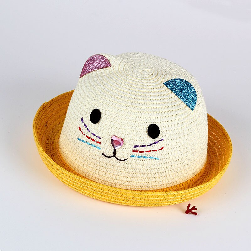 Chapeau de paille mignon avec des oreilles d'été en plein air enfants disquette Panama chapeau enfants filles garçons nuances plage chapeau de soleil: cartoon yellow