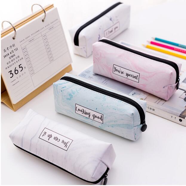Estuches de lápices de mármol blanco y negro para niñas, gran capacidad, bolsa de cosméticos de cuero PU, Estuche escolar, suministros de oficina Zakka escolar