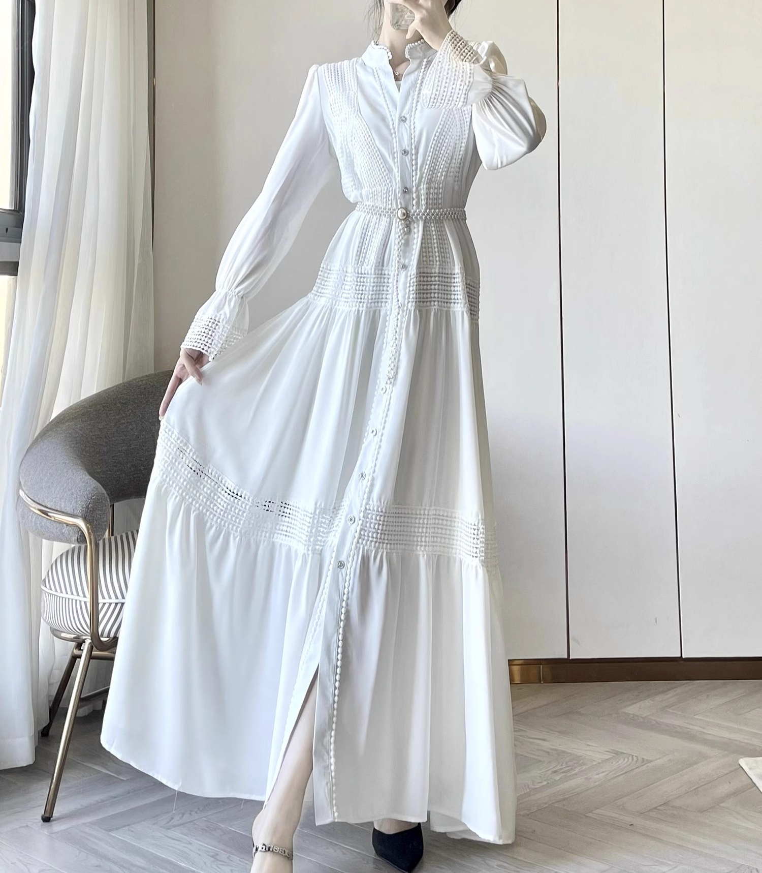 Vintage lös vit klänning bodycon enkelknäppt damkläder catwalk maxi vestidos