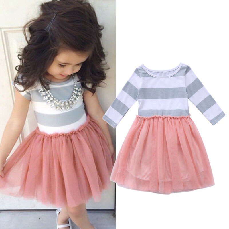 Little Girls Spring TuTu Dress Long Sleeve Striped Waist Ruffle Round Neck Dress Loose Mesh Multi-Layer Princess Dress