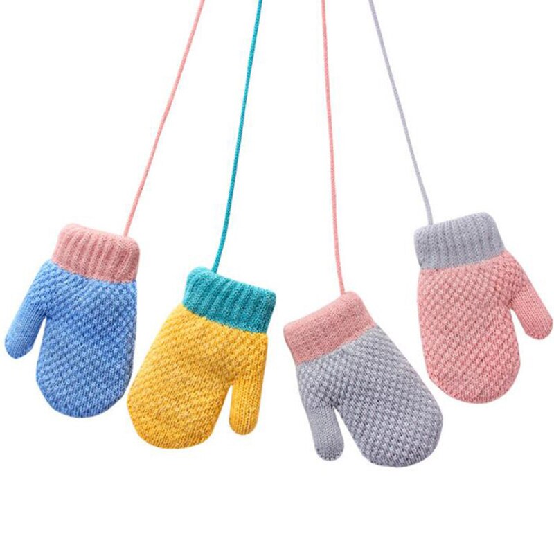 Children Mittens Winter Knitted Rope Gloves Solid color Full Finger Gloves Cartoon Children Toddler Kids Hanging Neck Gloves