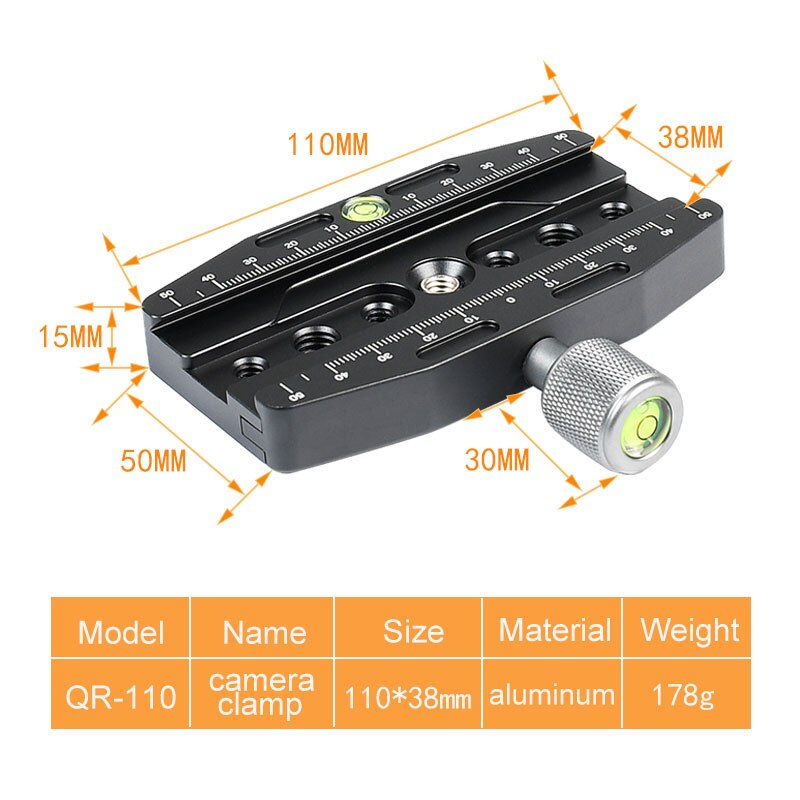 Abrazadera de placa de liberación rápida para trípode de cámara, adaptador de montaje de Clip Lightweight con burbuja Horizontal para placa de Arca Swiss Dslr, novedad: QR110