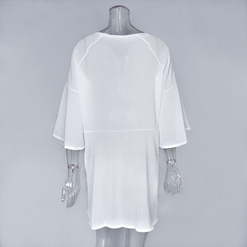 Swim Cover Up Kaftan Strand Gewaad Plage Beachwear Pareo Voor De Saida De Praia Hoorn Lange Mouwen Kleding Losse Chiffon verstoorde Lace