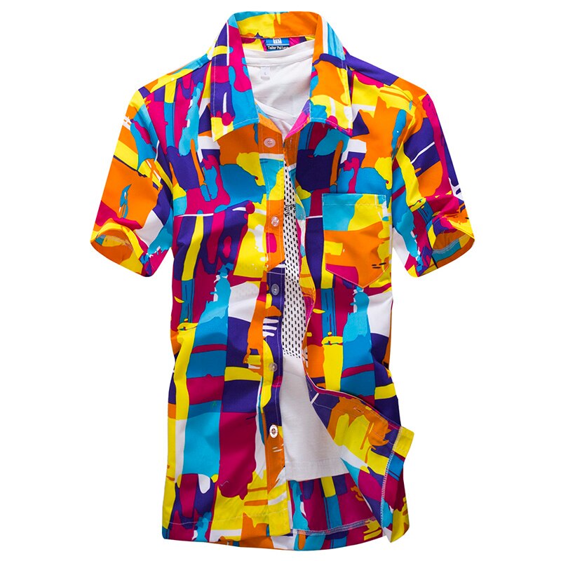 Camisa hawaiana estampada para hombres Casual camisas de manga corta de verano botón playa blusa suelta hombres tapas Streetwear Camisa Masculina: Naranja / XXXL