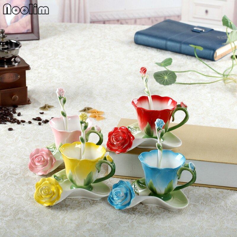 NOOLIM 3D Rose Coffee Cup Enamel Tea Cup Set With Spoon Saucer Cups Ceramic European Bone China Drinkware