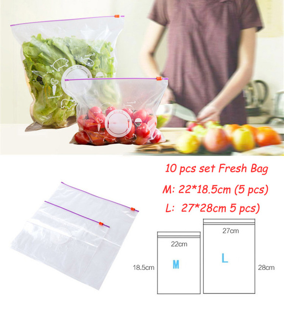 Reusable Fresh-Keeping Zipper Bag Food Plastic Bag Vegetable Fruit Storage Freezing Leakproof Sealed Bags Kitchen Accessories: 10Pcs