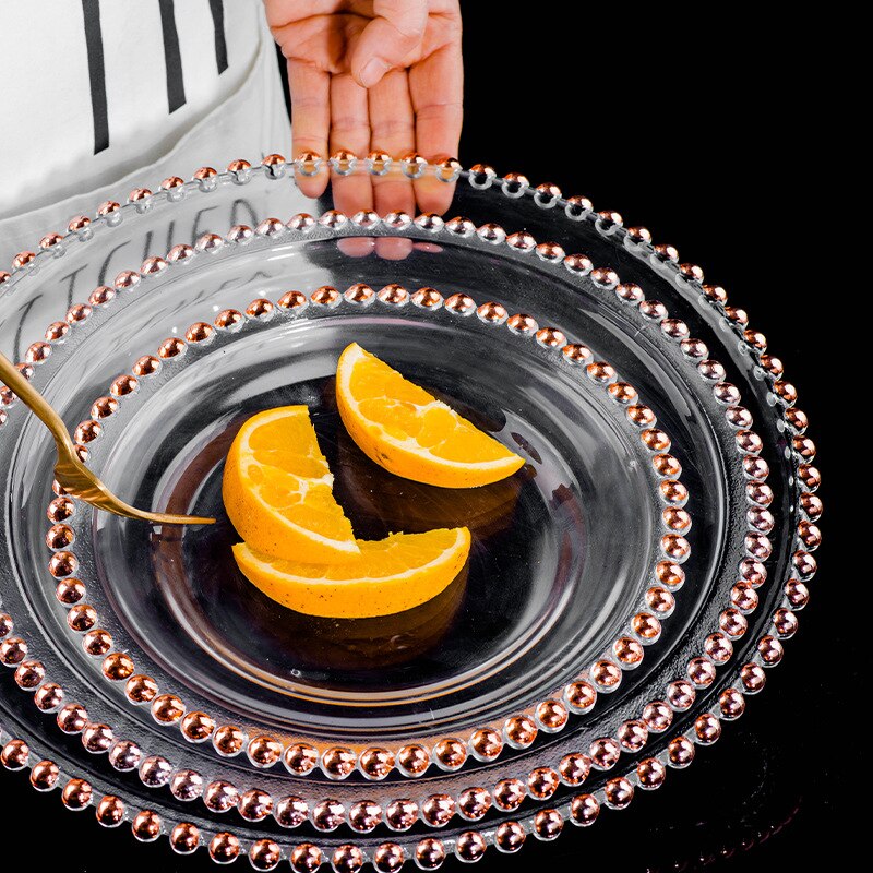 Nordic Gold Bead Glass Charger Plate for Dinner Decorative Salad Fruit Wedding Plate Dinner: Rose Gold / Diameter 27CM