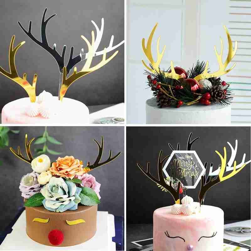 Golden Elk Antler Cake Topper Dessert Decoration Wedding DIY Party Supplies Baby Birthday Party Christmas Decoration