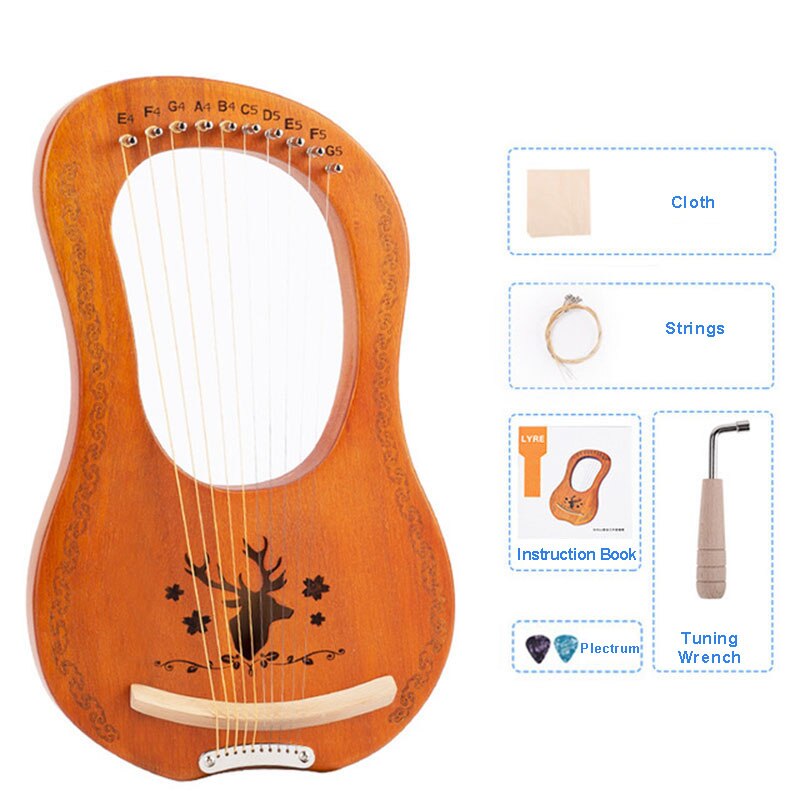 Mahogany 10 Strings Lyre Harp Greek Small Musical Instrument Including Instruction Tuning Wrench Plectrum Cloth For Beginners: Reindeer Wood