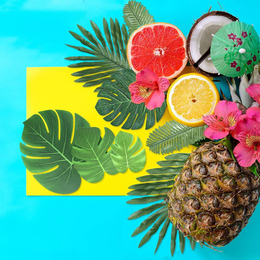 60 Pcs 6 Kinds Monstera Artificial Palm Leaves Tropical Plant Faux Stems Hawaiian Party Decorations Jungle Beach Theme Table