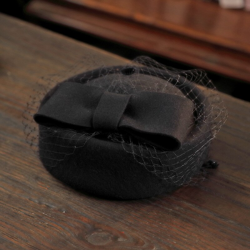 Vrouwen Top Hoed, Baret, Vilten Hoed, Platte Pet, Stewardess Hoed, wedding Bridal Cocktail, Hoofdtooi, Haar Accessoires, 100% Wol: Black