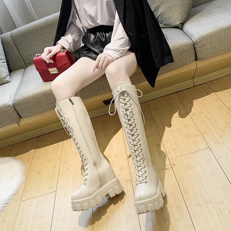 Plate-forme trapue en cuir pu genou bottes hautes femmes rétro Punk hauteur augmentant bottes longues femme à lacets chaussons Mujer erf56