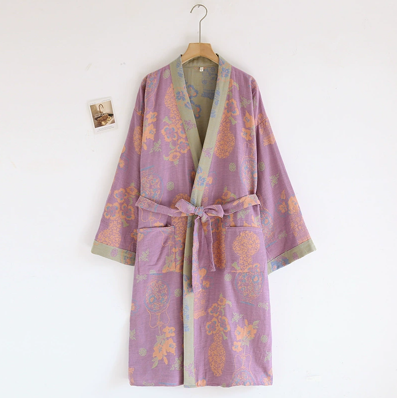Flerfärgad kimono-badrock dampyjamaskläder för vår och sommar bomull lösa hemsovkläder kimono-rockar med bälte