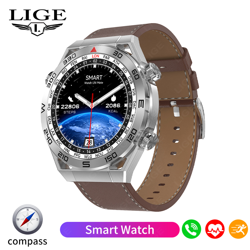 LIGE Nowy sprytny zegarek mężczyźni GPS Bluetooth połączenie sport tryby naganiacz zwierza kompas muzyka niestandardowa bransoletka tarcza biznesowa Smartwatch mężczyźni + skrzynka: Złota
