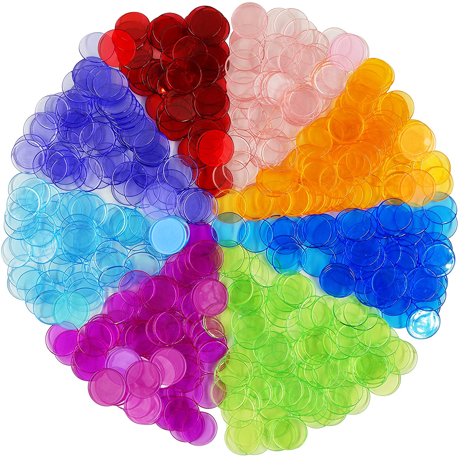 500 Transparent 8 Color Clear Bingo Counting Chip Plastic Markers (Each Measures 3/4 inch in Diameter)