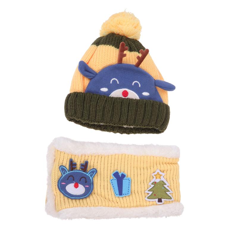 Baby Deer Pattern Hat Set Kid Winter Knitting Wool Yarn Scarf Kit Outdoor Warm Headwears for Children Warm Kids Neckerchief: Yellow
