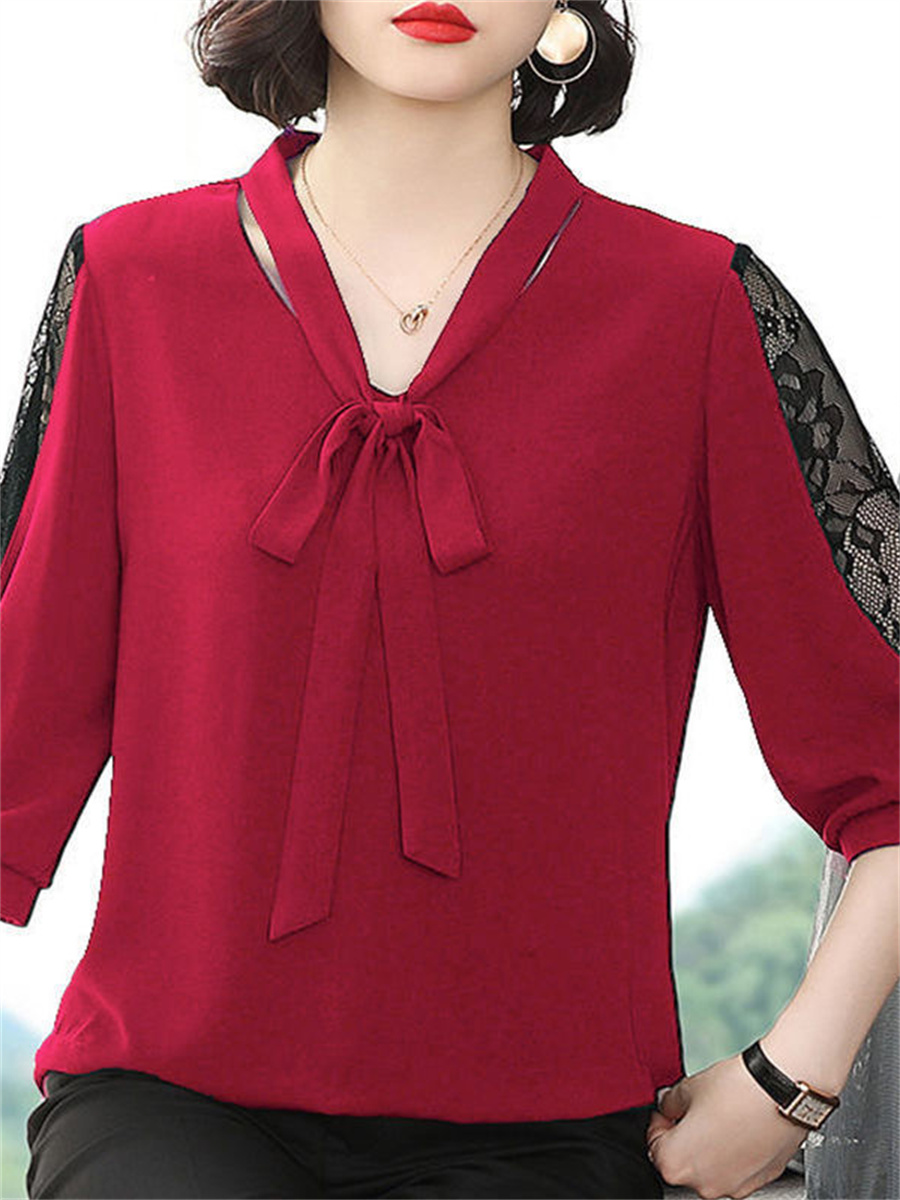 Femmes printemps été Style Blouses hauts dame décontracté nœud papillon Colloar demi manches en dentelle lâche haut Blouse DF4275