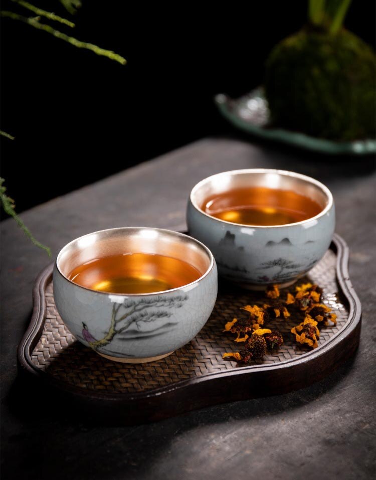 110ml 999 taza de té de plata pura hecha a mano de cerámica pintada a mano maestro pequeño cuenco taza de té de colección
